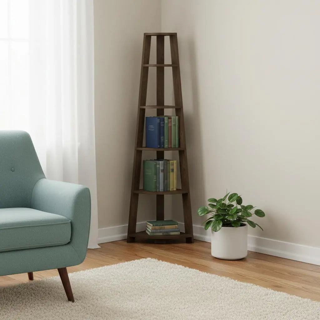 71" Dark Brown Wood Five Tier Corner Bookcase Homeroots Office