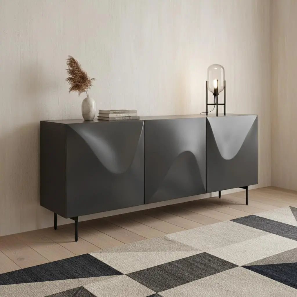 71" Dark Gray Wood Carved Abstract Sideboard With Three Doors Homeroots Kitchen & Dining