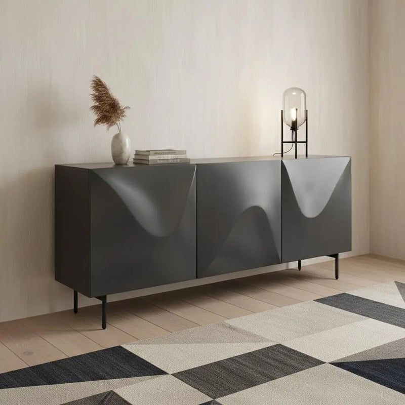 71" Dark Gray Wood Carved Abstract Sideboard With Three Doors Homeroots Kitchen & Dining