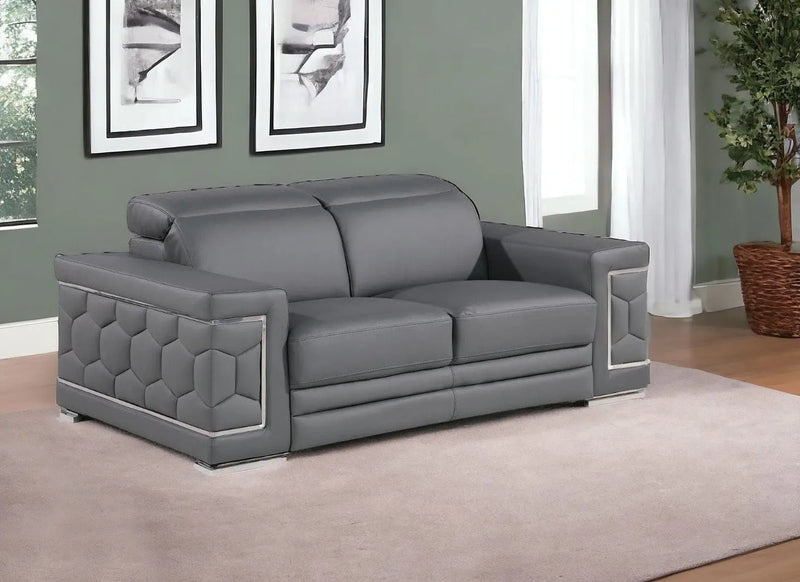 71" Gray And Silver Genuine Leather Loveseat Homeroots Living Room