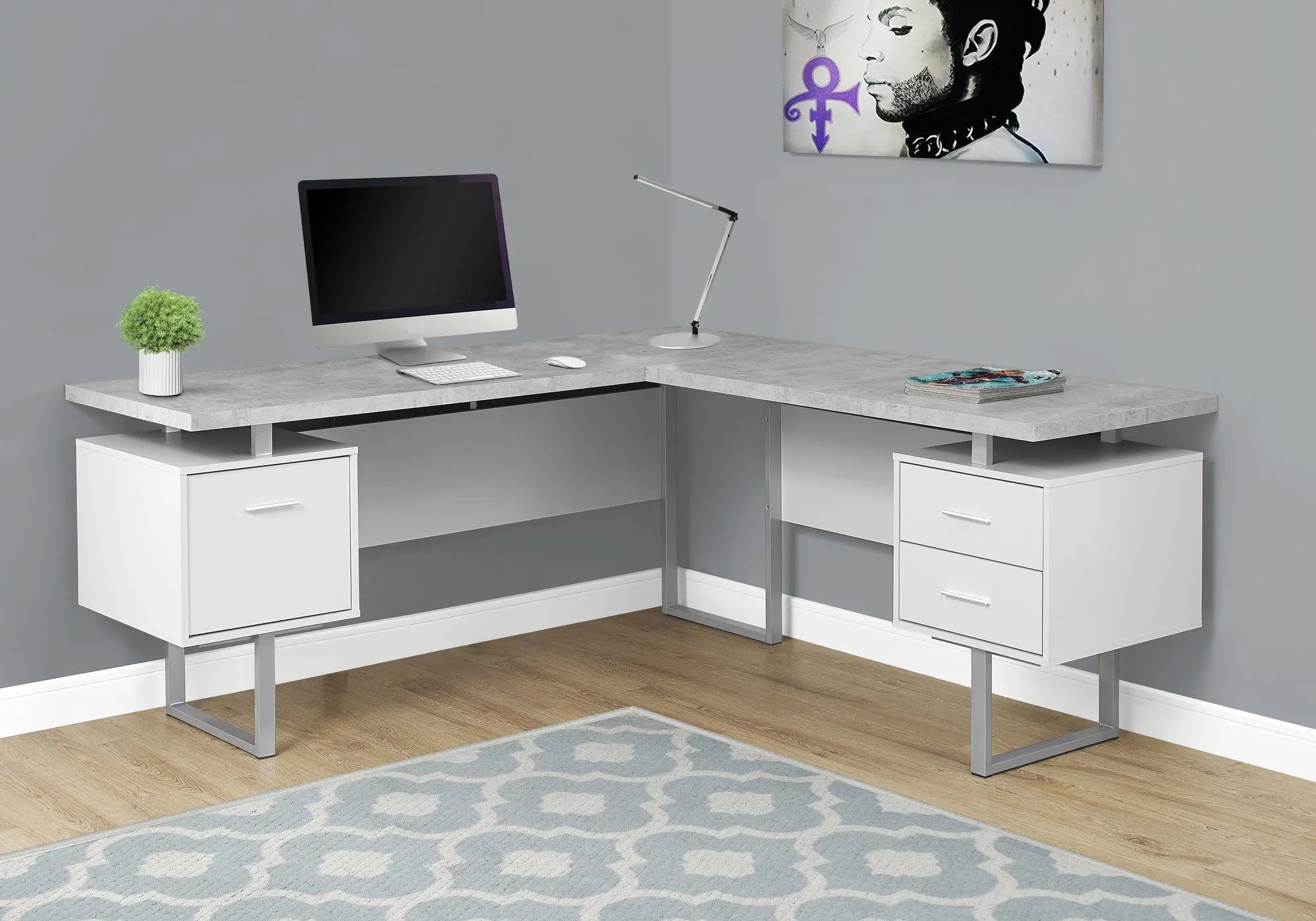 71" Gray and Silver L Shape Computer Desk With Three Drawers Homeroots Office