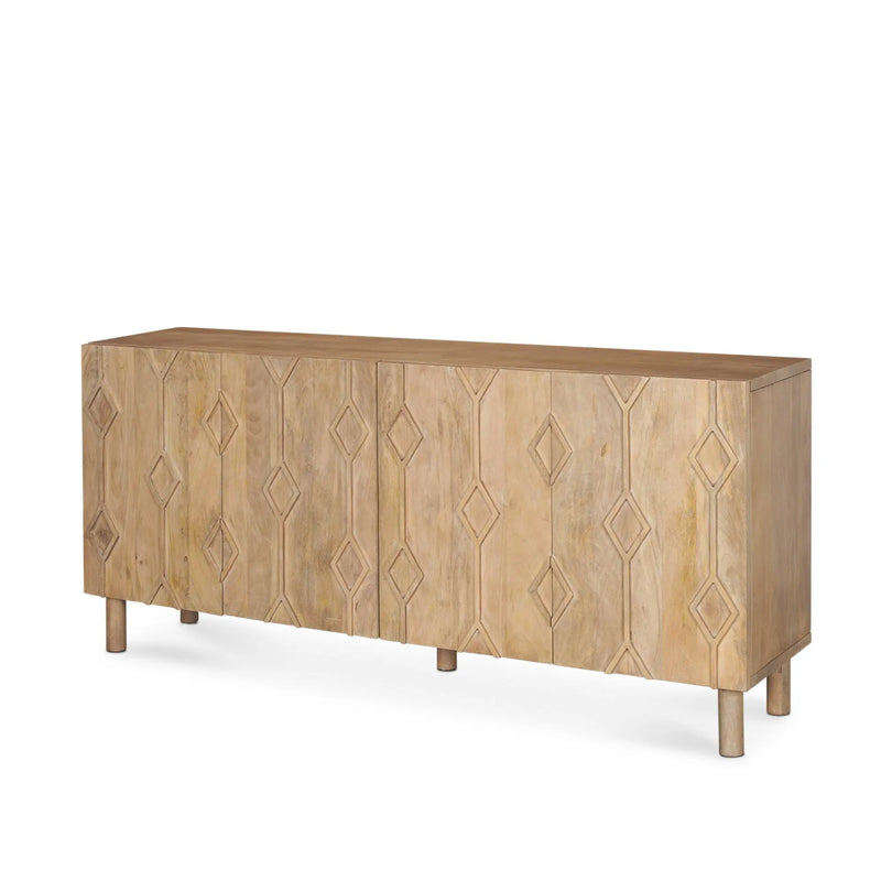 71" Light Brown Solid Wood Carved Geometric Sideboard Soft Close with Four Doors Homeroots Kitchen & Dining