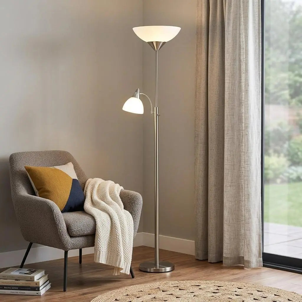 71" Silver Metal Two Light Torchiere Floor Lamp With White Bowl Shade Homeroots Lighting