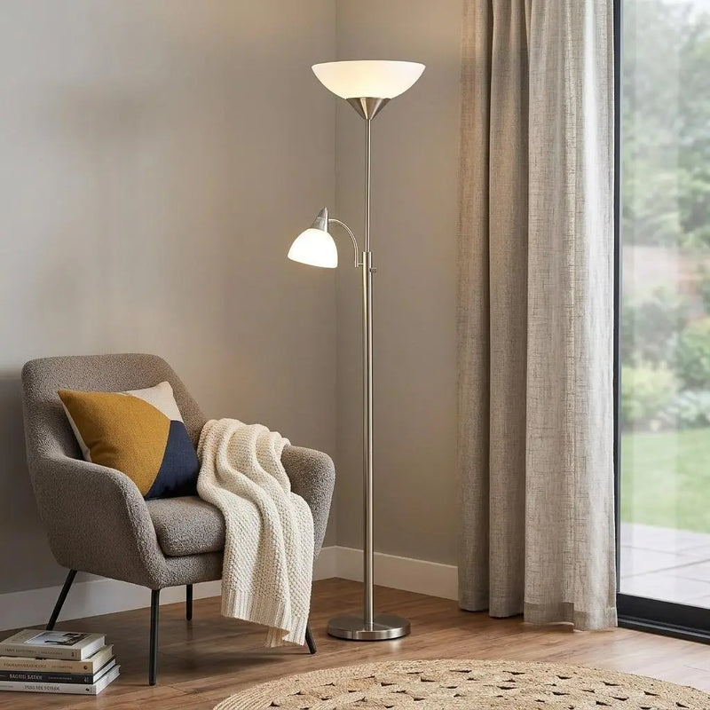 71" Silver Metal Two Light Torchiere Floor Lamp With White Bowl Shade Homeroots Lighting