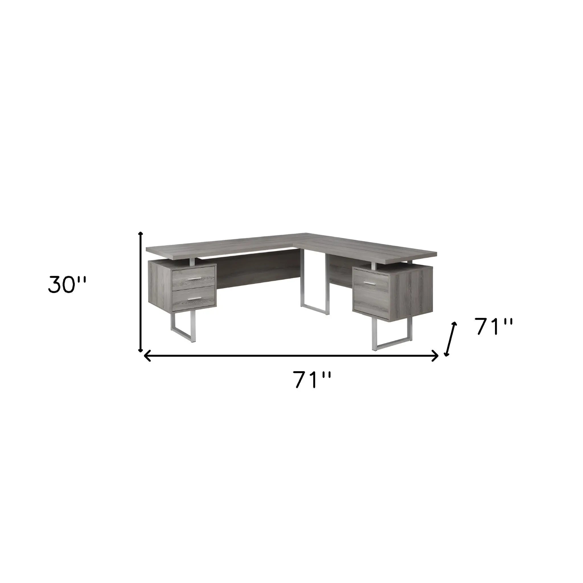 71" Taupe and Silver L Shape Computer Desk With Three Drawers - GreatEagleInc