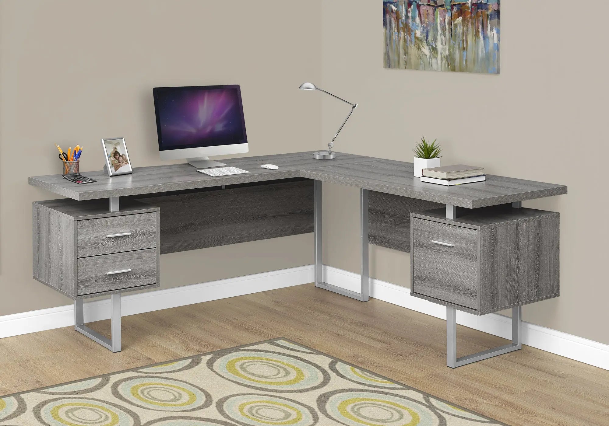 71" Taupe and Silver L Shape Computer Desk With Three Drawers - GreatEagleInc
