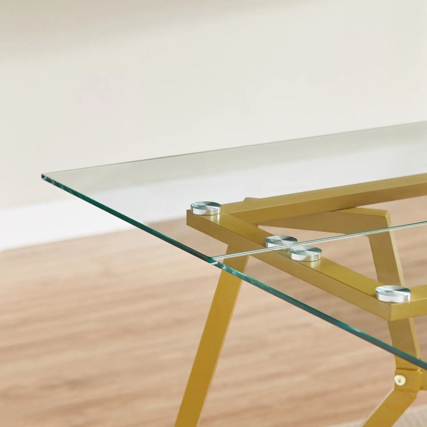 71" White and Gold Glass and Steel Trestle Coffee Table Homeroots Living Room