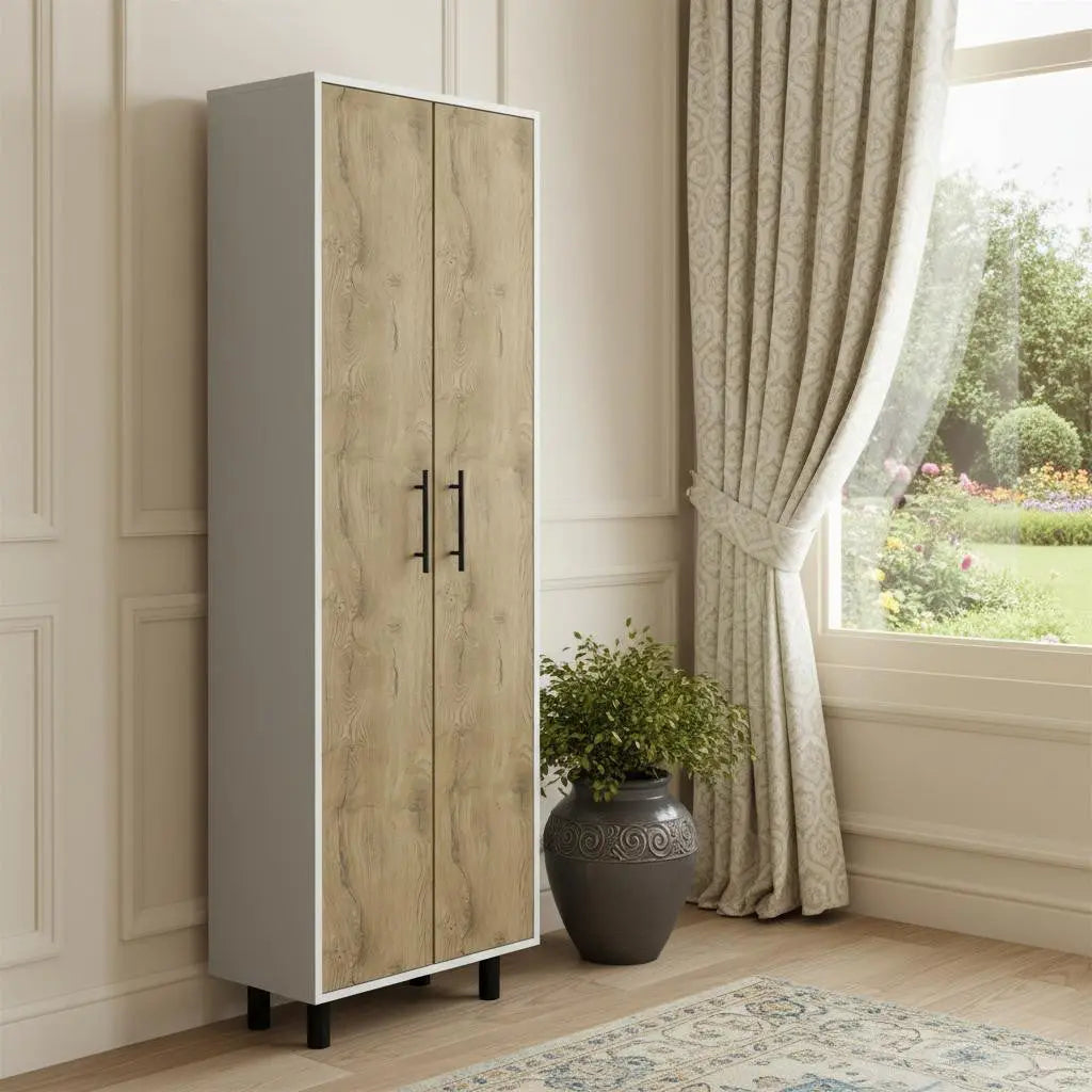 71" White and Light Brown Wood Accent Cabinet With Two Doors Homeroots Kitchen & Dining