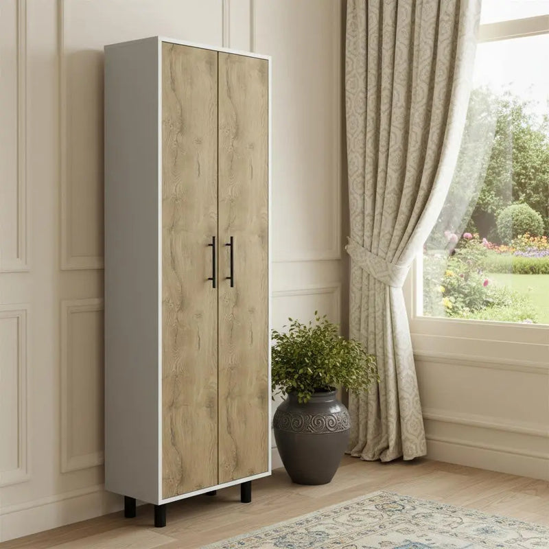 71" White and Light Brown Wood Accent Cabinet With Two Doors Homeroots Kitchen & Dining