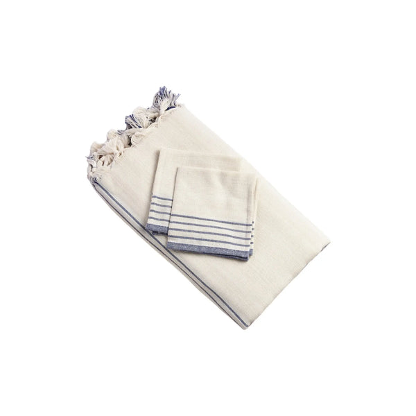 71" x 95" Cream And Blue Striped Cotton Tablecloth And Napkins Set - GreatEagleInc