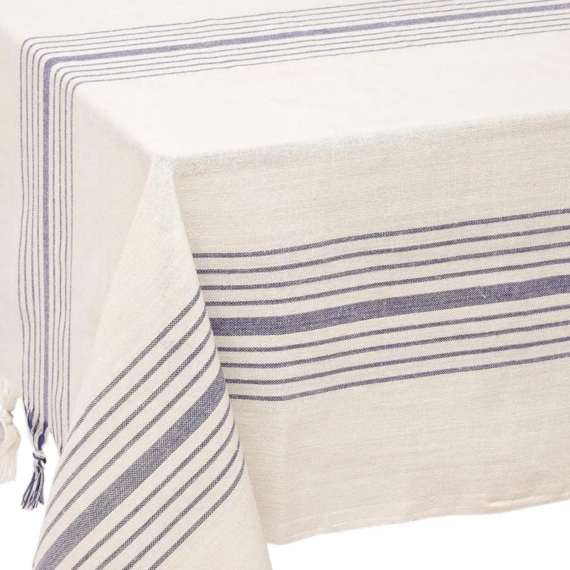 71" x 95" Cream And Blue Striped Cotton Tablecloth And Napkins Set - GreatEagleInc