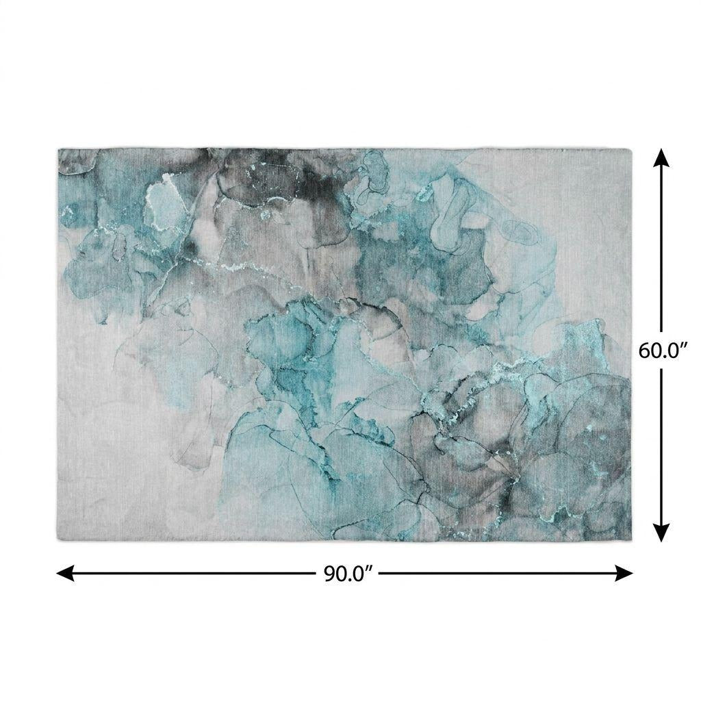 5' X 8' Teal And Gray Abstract Shag Washable Area Rug With UV Protection - Home & Garden
