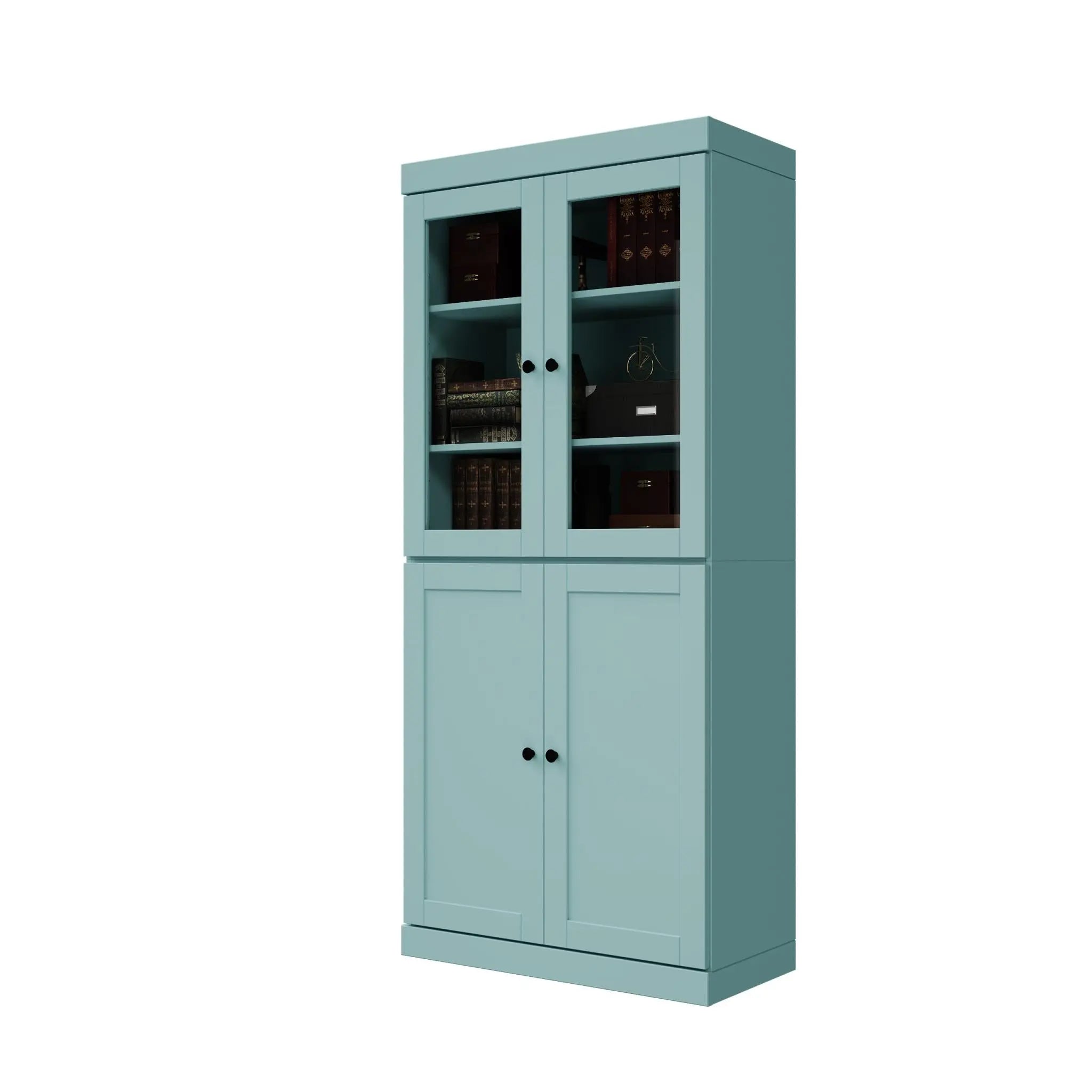 72" Aqua Solid Wood Adjustable Six Tier Library Bookcase with Four Doors Homeroots Office