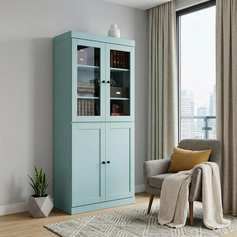 72" Aqua Solid Wood Adjustable Six Tier Library Bookcase with Four Doors Homeroots Office