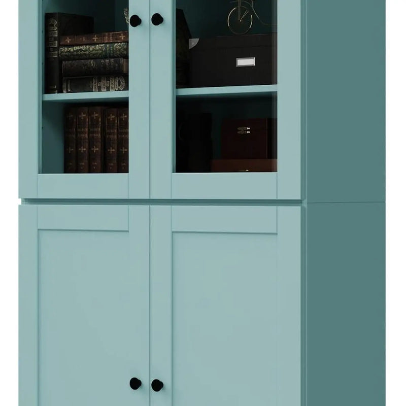 72" Aqua Solid Wood Adjustable Six Tier Library Bookcase with Four Doors Homeroots Office