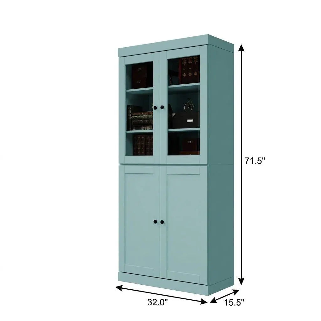 72" Aqua Solid Wood Adjustable Six Tier Library Bookcase with Four Doors Homeroots Office
