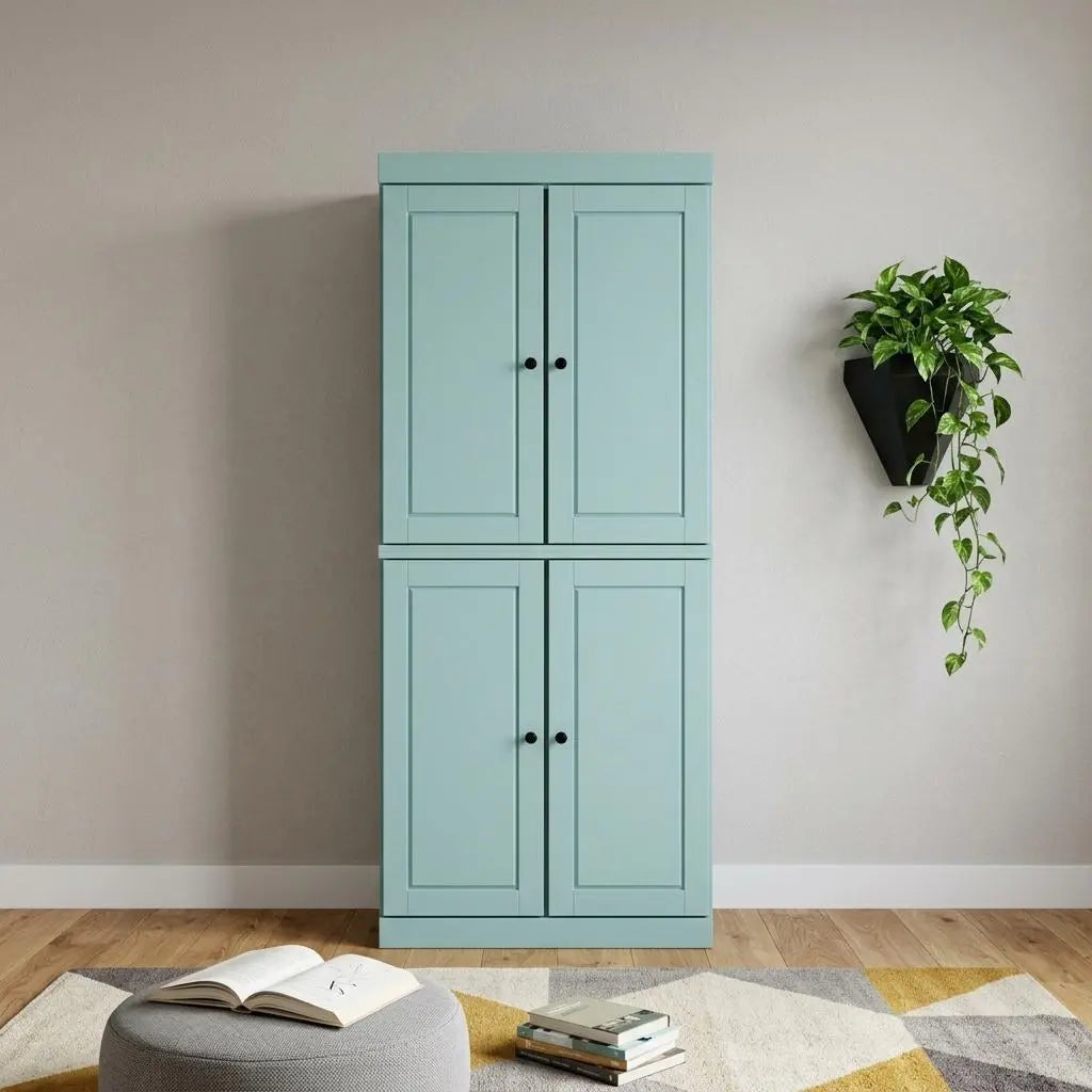 72" Aqua Solid Wood Adjustable Six Tier Library Bookcase with Four Doors Homeroots Office