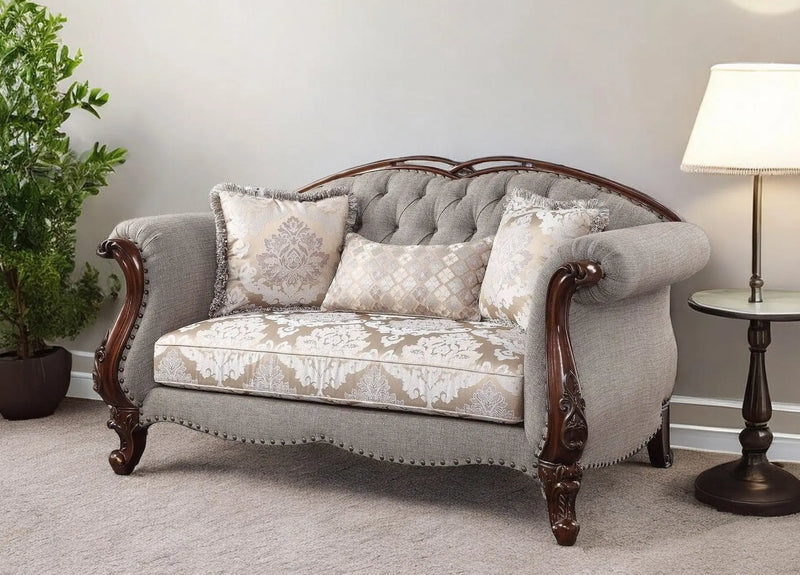 72" Beige And Dark Brown Linen Loveseat and Toss Pillows Homeroots Living Room