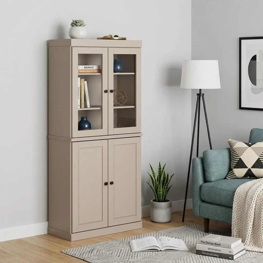 72" Beige Solid Wood Adjustable Six Tier Library Bookcase with Four Doors Homeroots Office