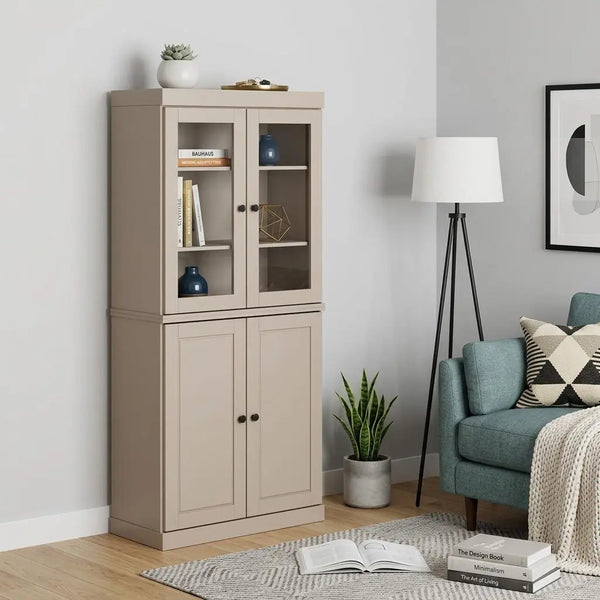 72" Beige Solid Wood Adjustable Six Tier Library Bookcase with Four Doors Homeroots Office