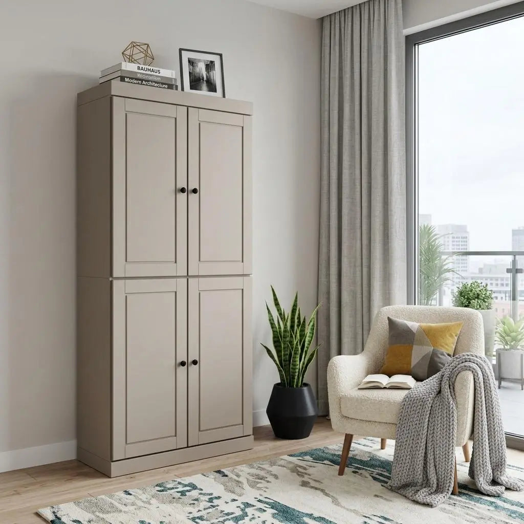 72" Beige Solid Wood Adjustable Six Tier Library Bookcase with Four Doors Homeroots Office