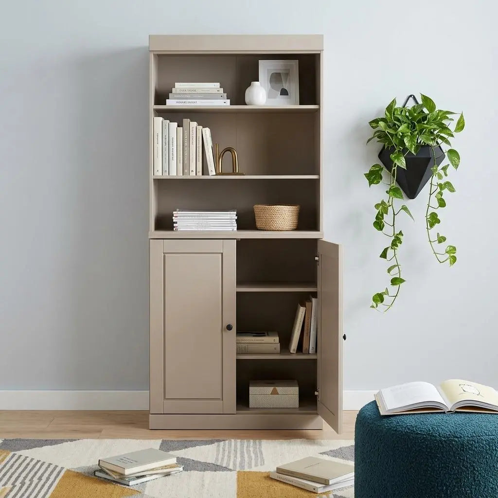 72" Beige Solid Wood Adjustable Six Tier Library Bookcase with Two Doors Homeroots Office