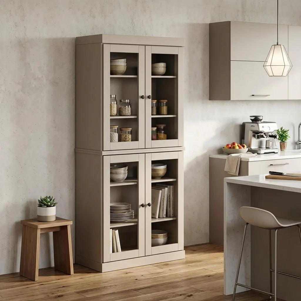 72" Beige Solid Wood Four Door Pantry Or Storage Closet Homeroots Kitchen & Dining