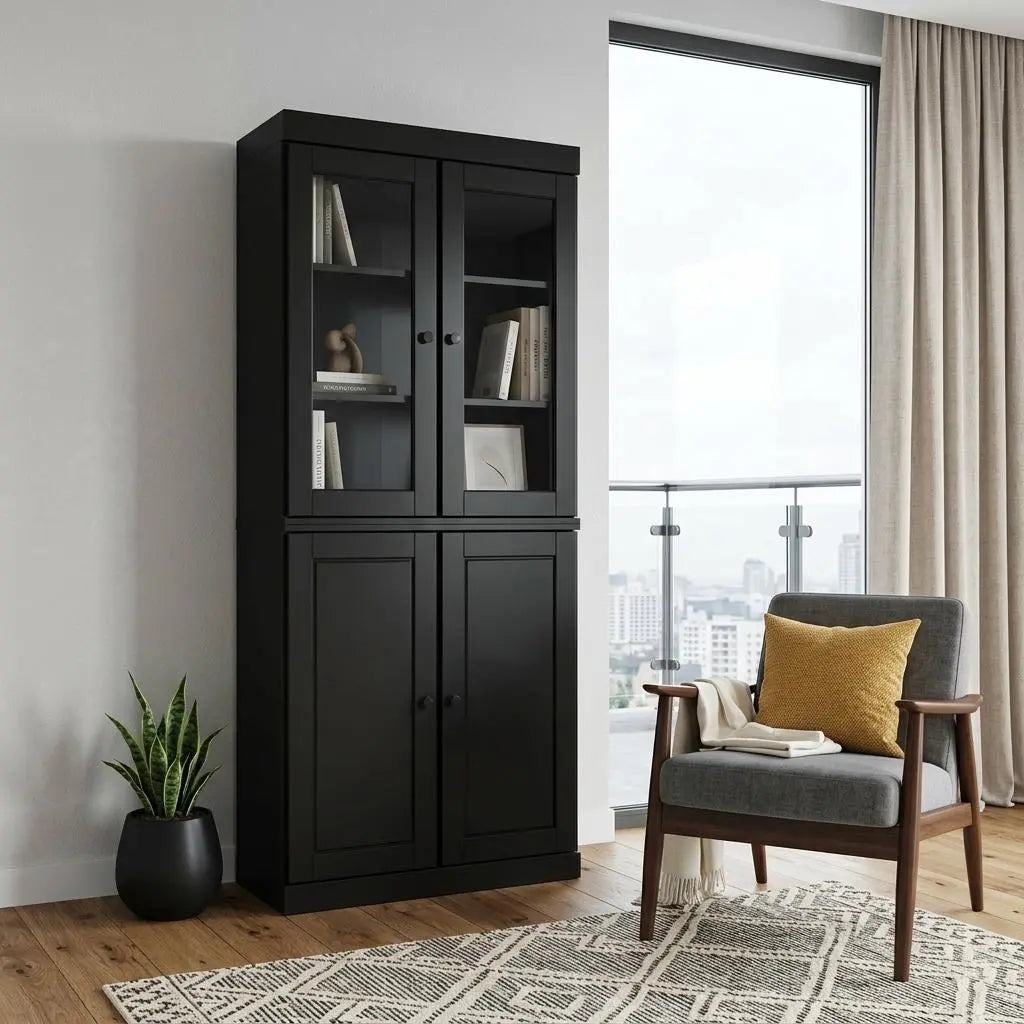 72" Black Solid Wood Adjustable Six Tier Library Bookcase with Four Doors Homeroots Office