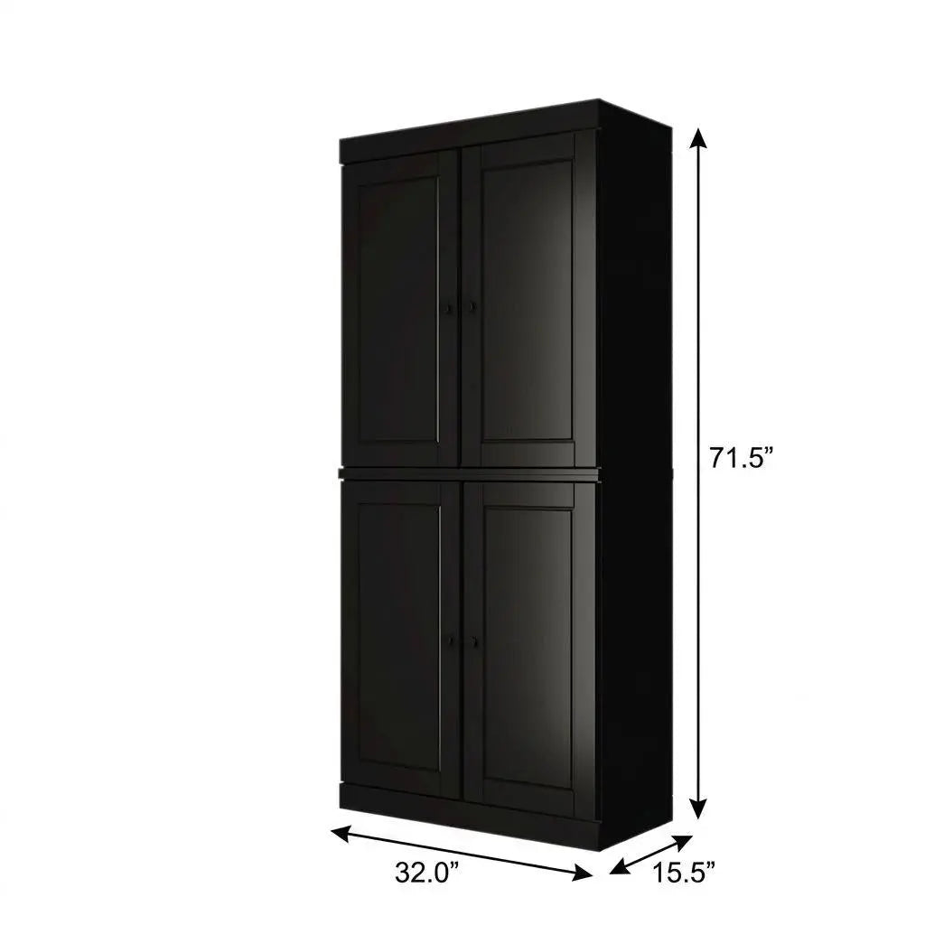 72" Black Solid Wood Adjustable Six Tier Library Bookcase with Four Doors Homeroots Office