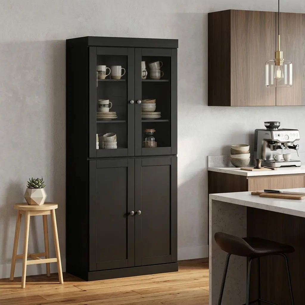 72" Black Solid Wood Four Door Pantry Or Storage Closet Homeroots Kitchen & Dining