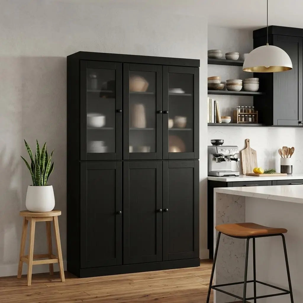 72" Black Solid Wood Six Door Two Drawer Pantry Or Storage Closet Homeroots Kitchen & Dining