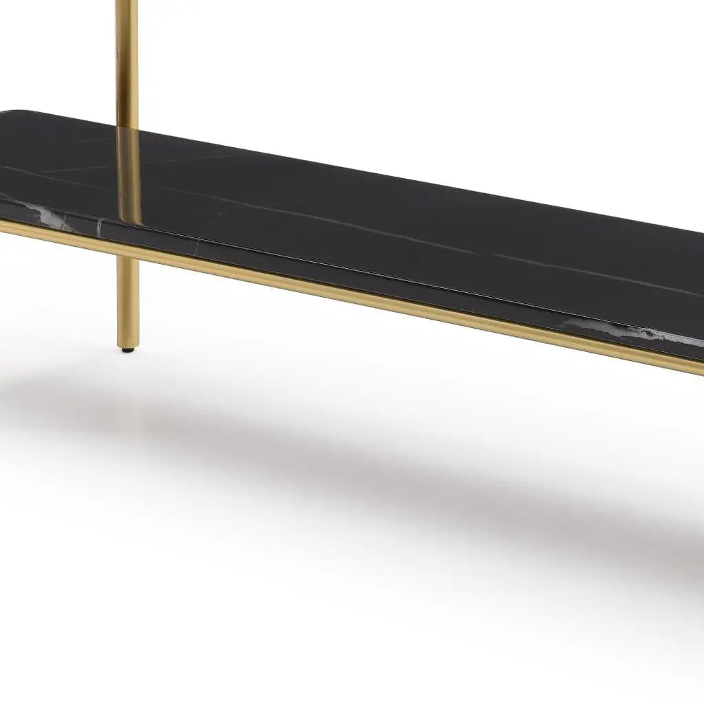72" Black White And Gold Genuine Marble and Metal Console Table With Shelf Homeroots Living Room