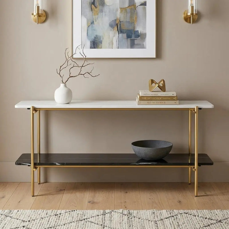 72" Black White And Gold Genuine Marble and Metal Console Table With Shelf Homeroots Living Room