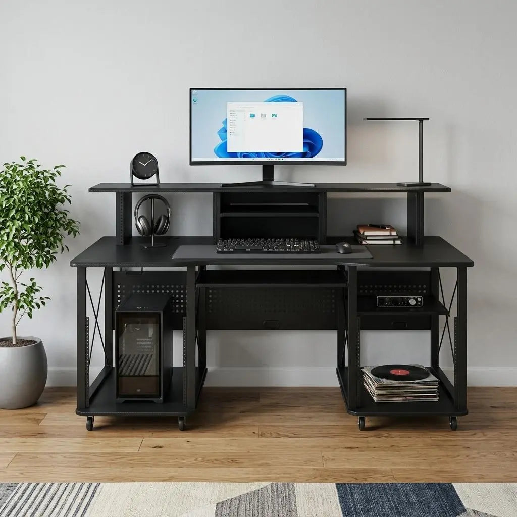 72" Black Wood and Metal Rolling Computer Desk Homeroots Office