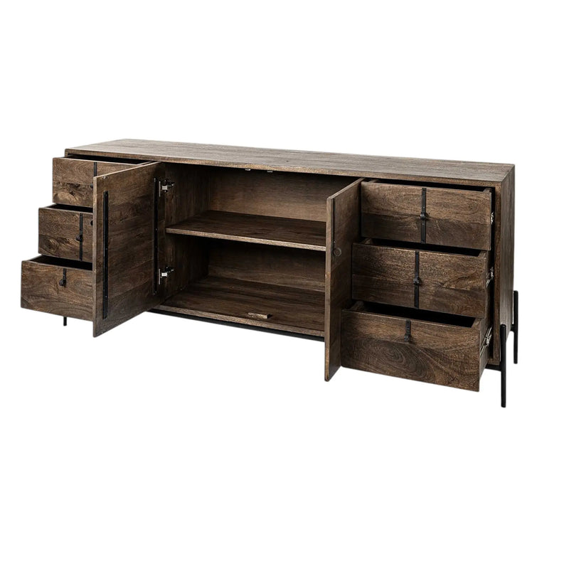 72" Brown Solid Wood Six Drawer Sideboard with Two Doors Homeroots Kitchen & Dining