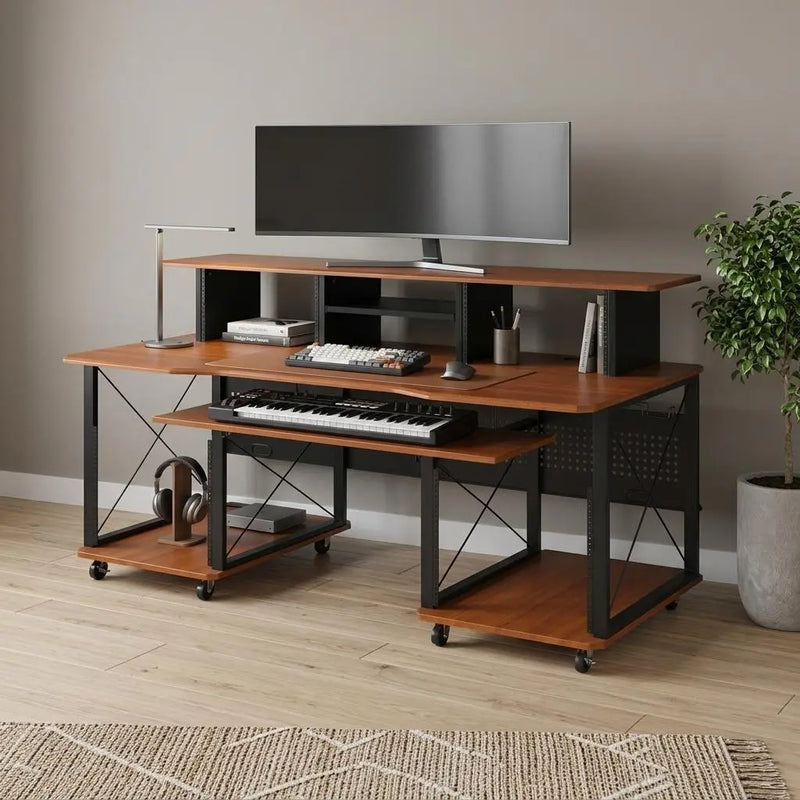 72" Brown and Black Wood and Metal Rolling Computer Desk Homeroots Office