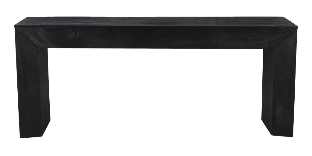 Modern black wood console table with a sleek, minimalist design, perfect for entryways or living spaces.