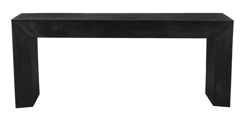 Modern black wood console table with a sleek, minimalist design, perfect for entryways or living spaces.