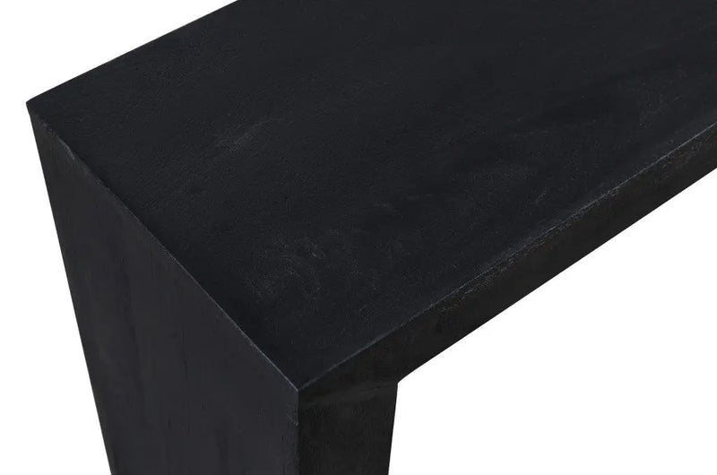 Black wooden console table, modern minimalist design, sturdy construction, elegant finish for contemporary decor.
