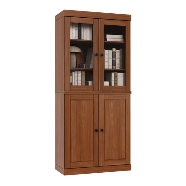 72" Coffee Solid Wood Adjustable Six Tier Library Bookcase with Four Doors Homeroots Office