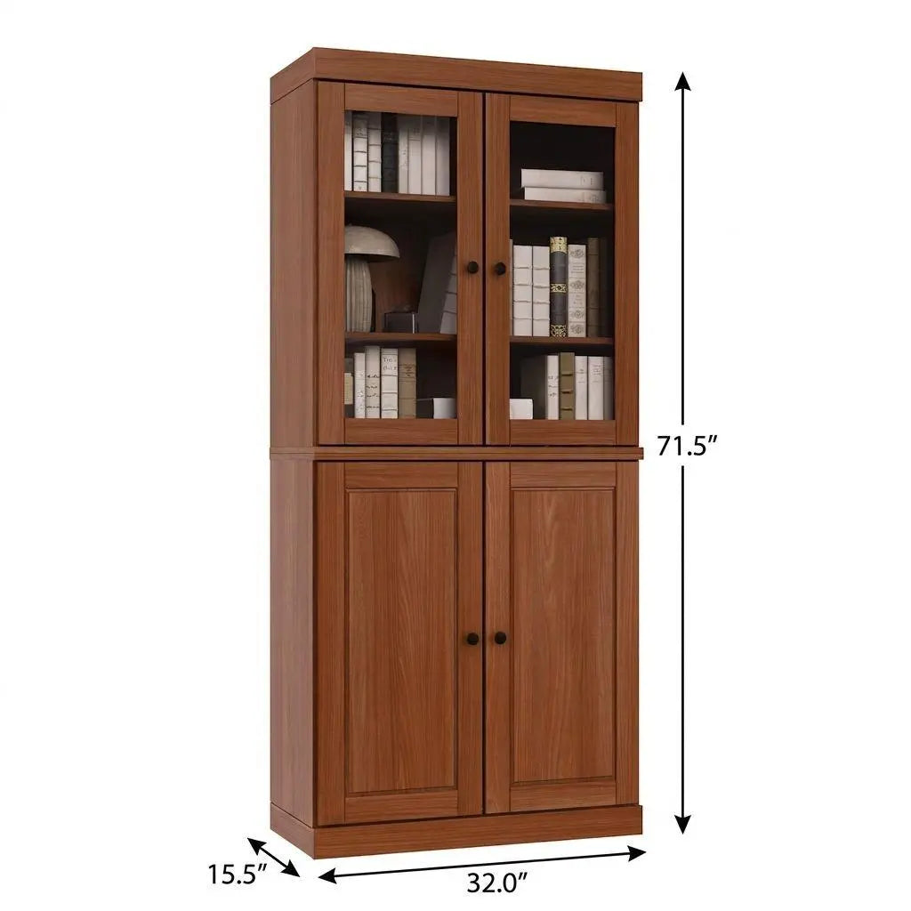 72" Coffee Solid Wood Adjustable Six Tier Library Bookcase with Four Doors Homeroots Office