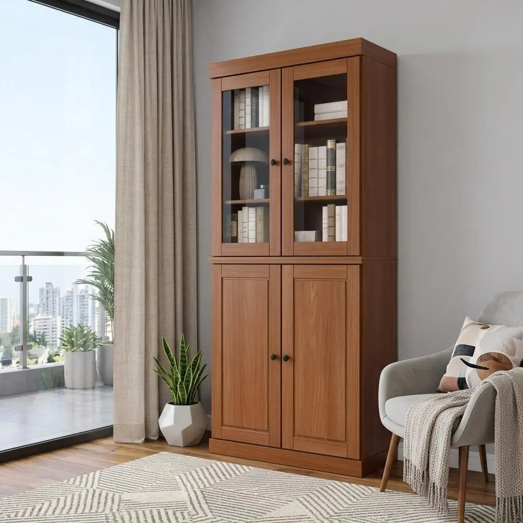 72" Coffee Solid Wood Adjustable Six Tier Library Bookcase with Four Doors Homeroots Office
