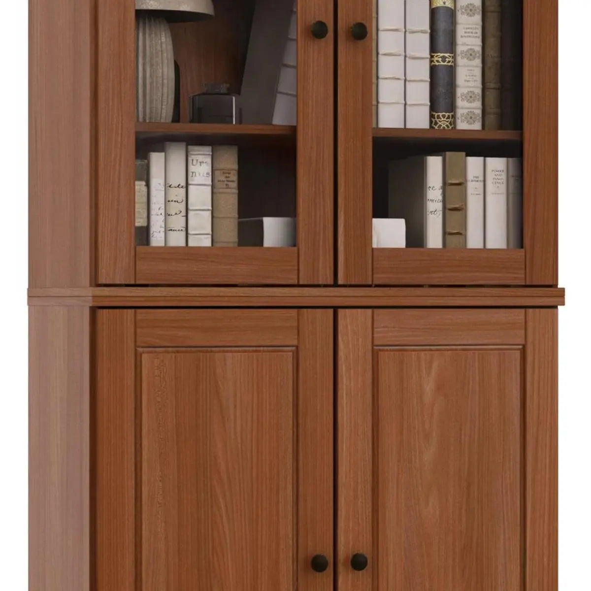 72" Coffee Solid Wood Adjustable Six Tier Library Bookcase with Four Doors Homeroots Office