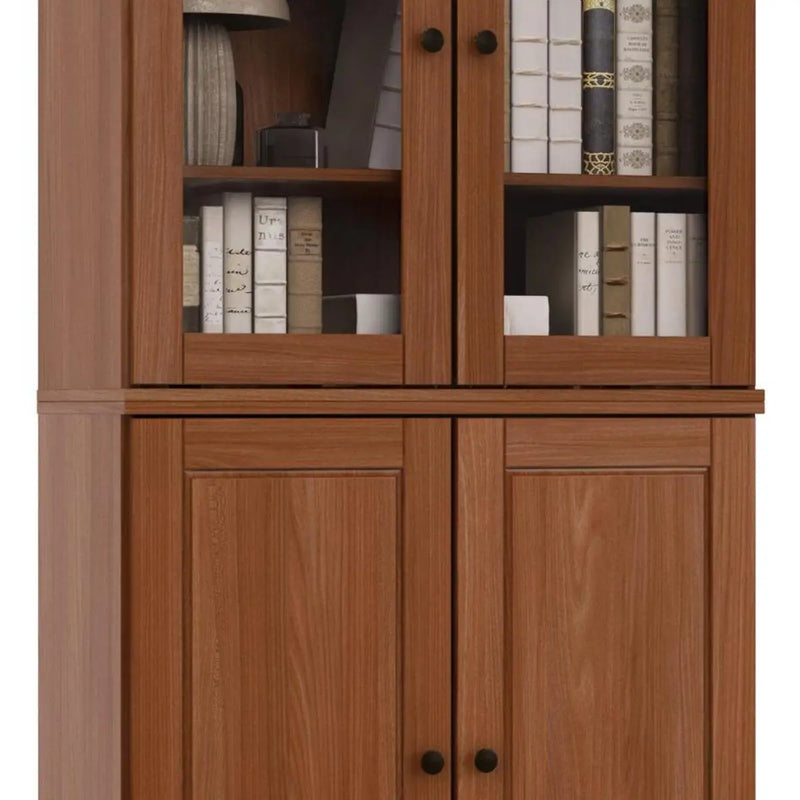 72" Coffee Solid Wood Adjustable Six Tier Library Bookcase with Four Doors Homeroots Office