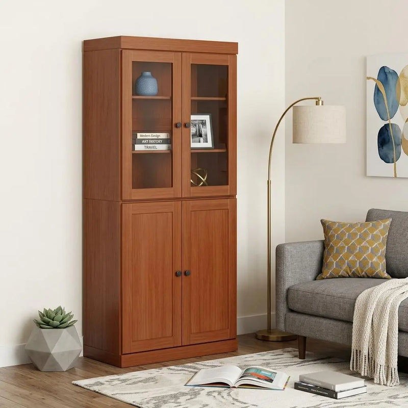 72" Coffee Solid Wood Adjustable Six Tier Library Bookcase with Four Doors Homeroots Office