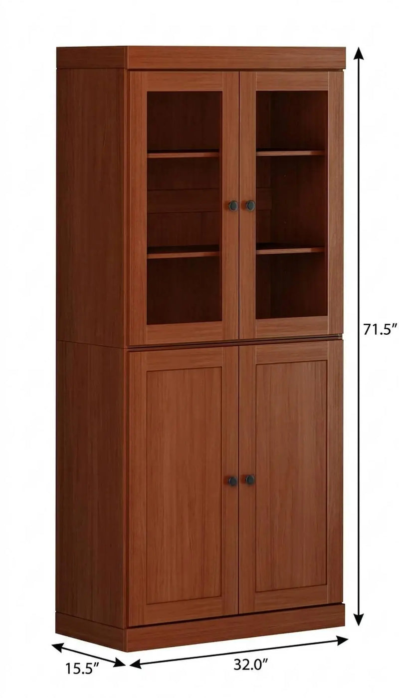 72" Coffee Solid Wood Adjustable Six Tier Library Bookcase with Four Doors Homeroots Office