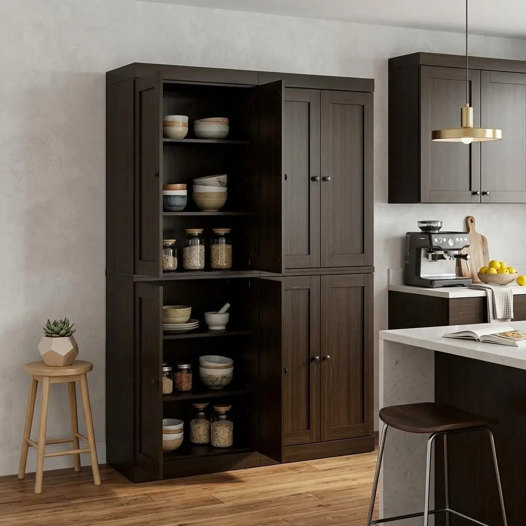 72" Espresso Solid Wood 8 Pantry Or Storage Closet Homeroots Kitchen & Dining