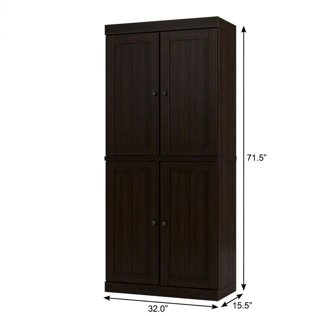 72" Espresso Solid Wood Adjustable Six Tier Library Bookcase with Four Doors Homeroots Office