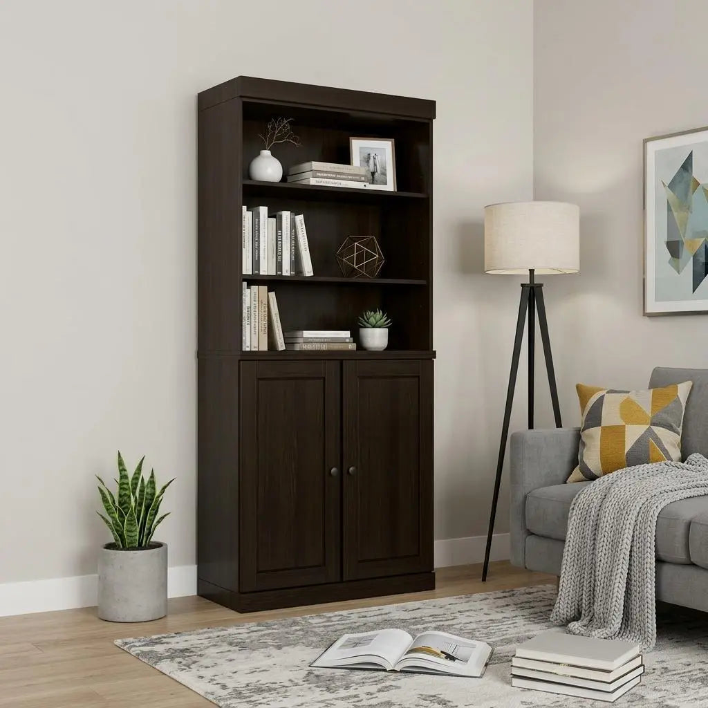 72" Espresso Solid Wood Adjustable Six Tier Library Bookcase with Two Doors Homeroots Office