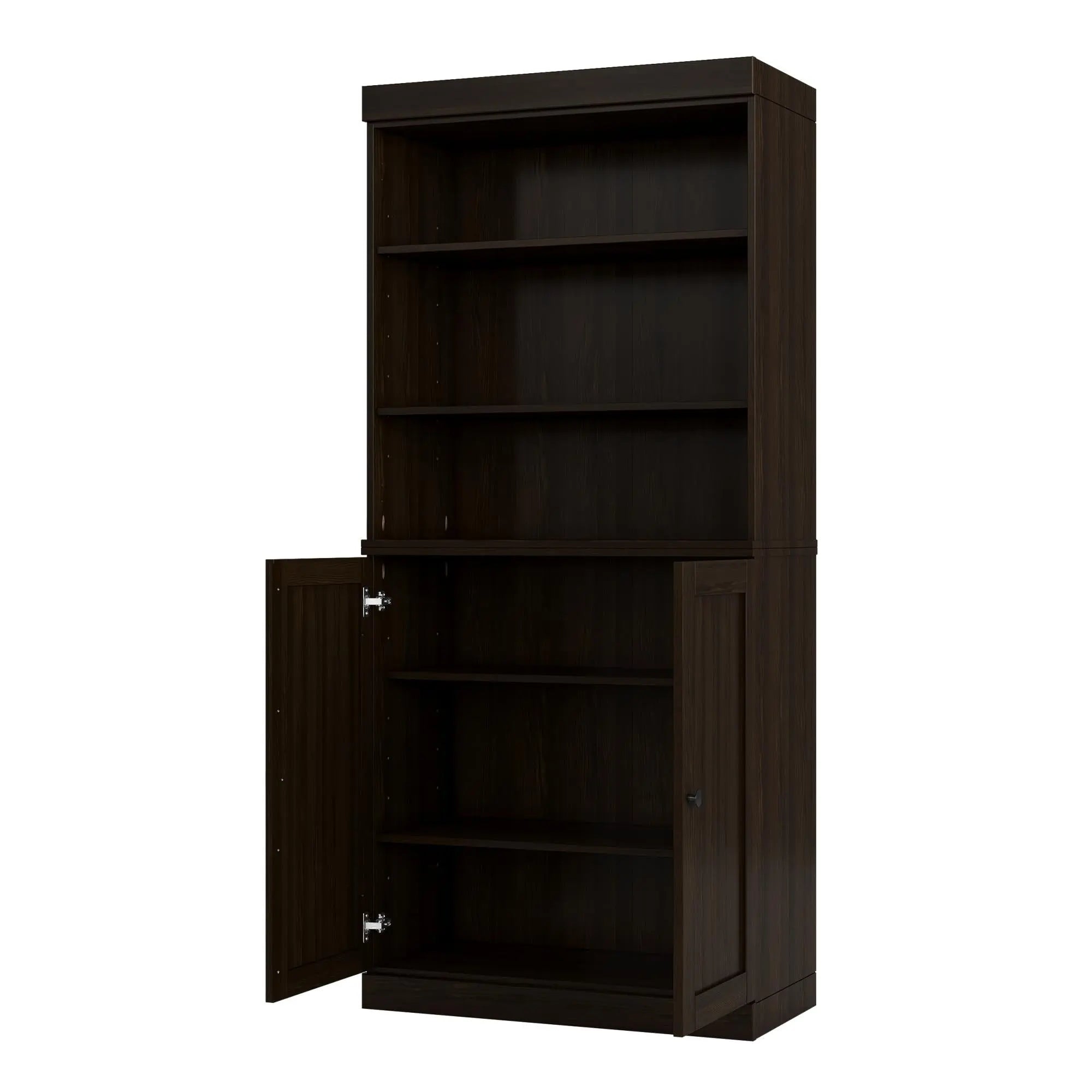 72" Espresso Solid Wood Adjustable Six Tier Library Bookcase with Two Doors Homeroots Office